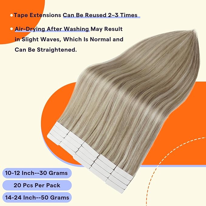 Full Shine Tape in Hair Extensions Human Hair 14 Inch Remy Extensions Tape Ins Color 18 Ash Blonde and 613 Blonde Seamless Real Hair Extensions Tape in Human Hair 50Gram 20Pieces for Wedding