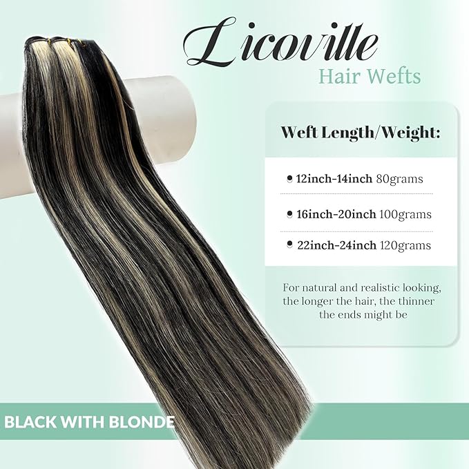 Sew in Hair Extensions Real Human Hair Black and Blonde Double Weft Highlight Human Hair Bundles Sew in Black with Blonde Highlights Remy Hair Wefts Thick and Full 18 Inch 100G