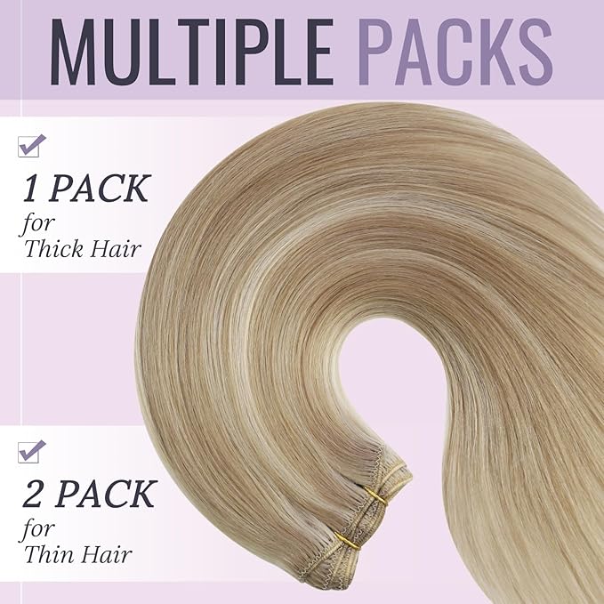 Fshine Weft Hair Extensions Human Hair 20 Inch 100 Gram Highlight Dark Ash Blonde with Golden Blonde Sew in Real Human Straight Bundle One Piece