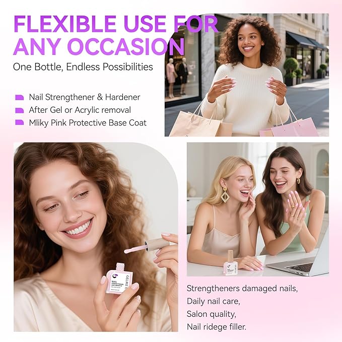 Gelike EC Nail Strengthener and Growth Polish: Milky Pink Protein and Vitamin Enriched Quick Dry Hardener Repair for Brittle Thin Damaged Nails After Gel Removal Salon Quality Vegan 16ml No UV Need