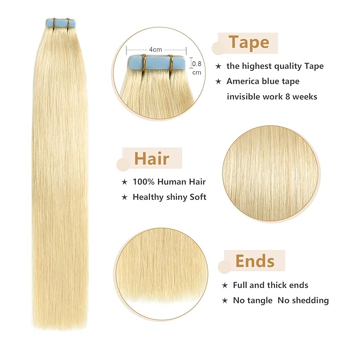 YILITE Tape in Human Hair Extensions Silky Straight Remy Tape Hair Extensions Bleach Blonde (#613), 40g/pack, 16 Inch (Pack of 20)