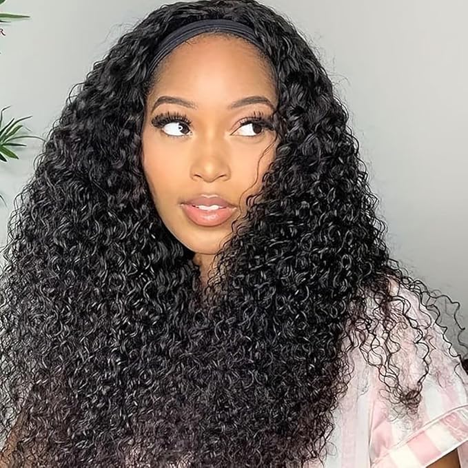 28Inch Long Headband Wig Human Hair Deep Wave Headband Wigs for Women Deep Curly Wigs Glueless No Lace Front Wig Brazilian Virgin Human Hair 180% Density Natural Black Color