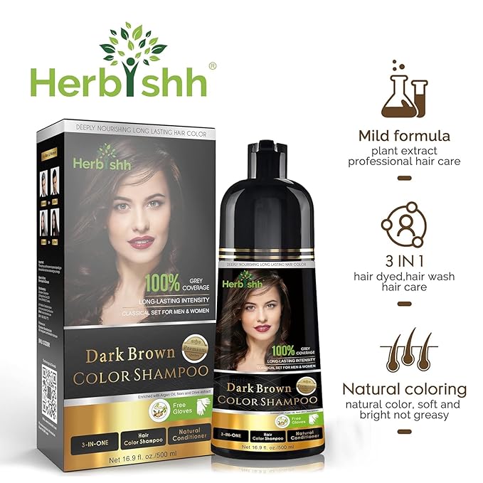 Herbishh Hair Color Shampoo - Magic Dye for Gray Hair, Lasting Color in Minutes - 500 Ml, 3-In-1, Ammonia-Free (Dark Brown)