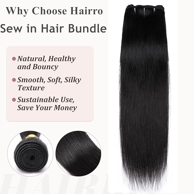 Hairro Sew in Hair Extensions Real Human Hair, 100g/bundle Weave Weft for Women Adding Volume and Length, for DIY Beauty Dating Party, 10 Inch One Bundle Straight #1B Natural Black