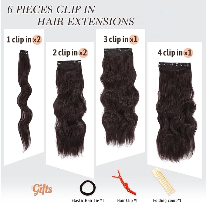 NAYOO Clip in Hair Extensions for Women 20 Inch Long Wavy Curly Dark Brown Hairpieces Full Head Synthetic Hair Hairpieces(6PCS,Dark Brown)