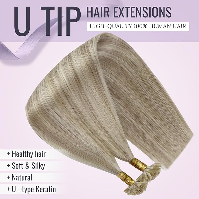 Fshine Fusion Hair Extensions Nail Tip Hair Extensions Color Ash Blonde Mixed with Bleach Blond 18 inch Remy Hair Extension Bondings U Tip 50g/50s Highlight K Tip Hair Extensions Real Human Hair