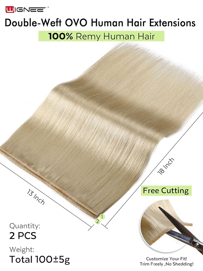 WIGNEE Double Butterfly OVO Weft Hair Extensions Human Hair 2 PCS Real Human Hair Beaded Weft Hair Extensions Human Hair Blonde Color (613)