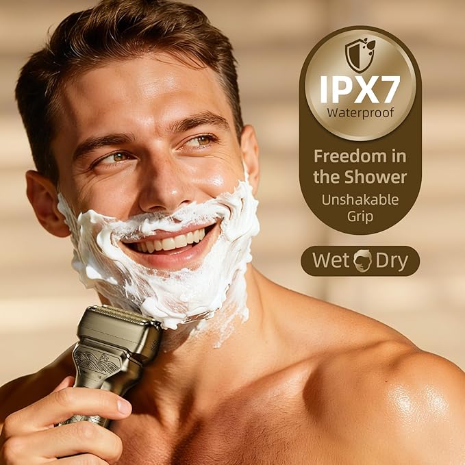 Electric Razor for Men Face: Rechargeable Foil Shaver with Push-Up Trimmer - Cordless Wet/Dry/Anti-Slip Waterproof Shavers with LED Display - Metal Handheld Design Gold
