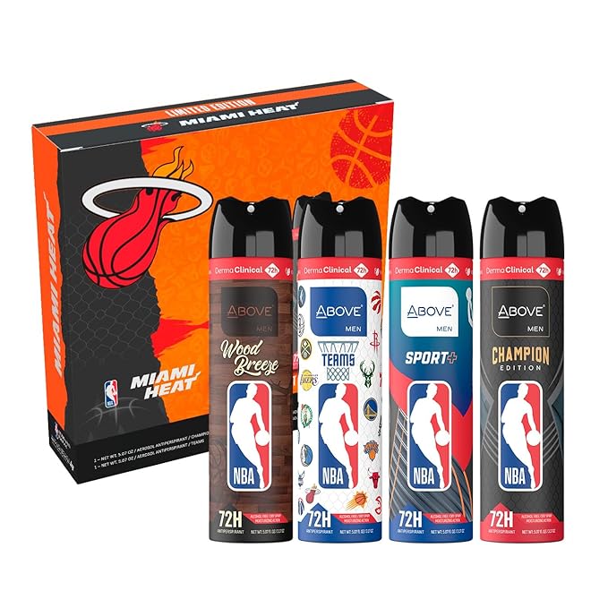 Above NBA Antiperspirant Deodorant Spray for Men | MIAMI HEAT Team Pack | 4 Scents | 72h | Dry Spray | No Stains | 5.07 oz – Pack of 4
