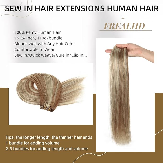 Sew in Hair Extensions Real Human Hair, 110g 22 inch Highlighted Color Ash Brown Mix with Platinum Blonde Hair Extensions Double Weft Remy Straight Weave Bundles Human Hair