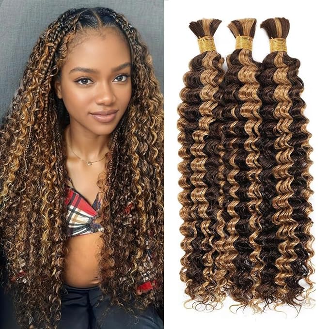 Highlight Deep Wave Bulk Human Hair for Braiding 22 inch Wet and Wavy Boho Bulk Human Hair for Braiding Knotless No Weft 150g