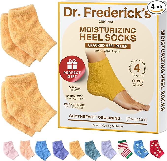 Dr. Frederick's Original Moisturizing Fuzzy Heel Socks - 2 Pairs - Cozy Gel-Lined Sleep Socks for Women & Men - Soothes Dry, Cracked Feet - Heel Repair - Citrus Glow