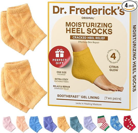 Dr. Frederick's Original Moisturizing Fuzzy Heel Socks - 2 Pairs - Cozy Gel-Lined Sleep Socks for Women & Men - Soothes Dry, Cracked Feet - Heel Repair - Citrus Glow