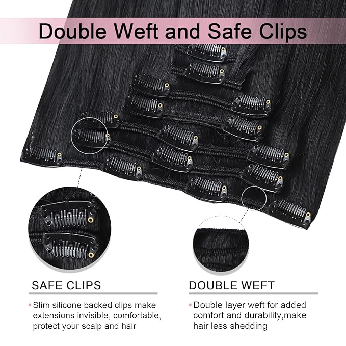 Pro2.0 Remy Clip in Extensions Real Human Hair Color #1 Jet Black Remy Clip in Hair Extensions Real Human Hair 18inch 120g Thick 7pcs Seamless Double Weft for Women（#1-18inch）