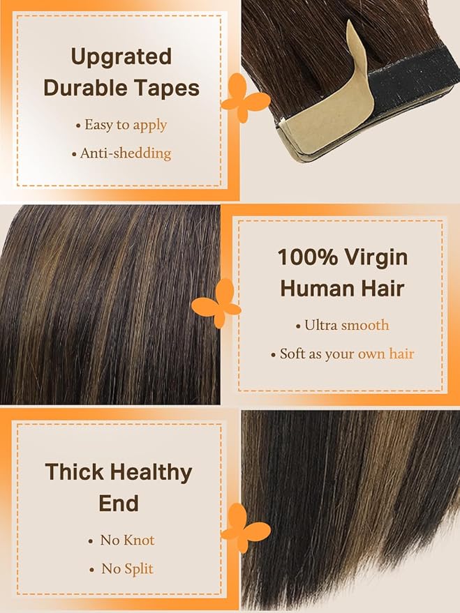 DOORES Hair Extensions Tape in Human Hair, Dark Brown to Chestnut Brown 10pcs 30g 20 Inch, Tape in Human Hair Extensions Natural Hair Skin Weft Silky Straight Hair