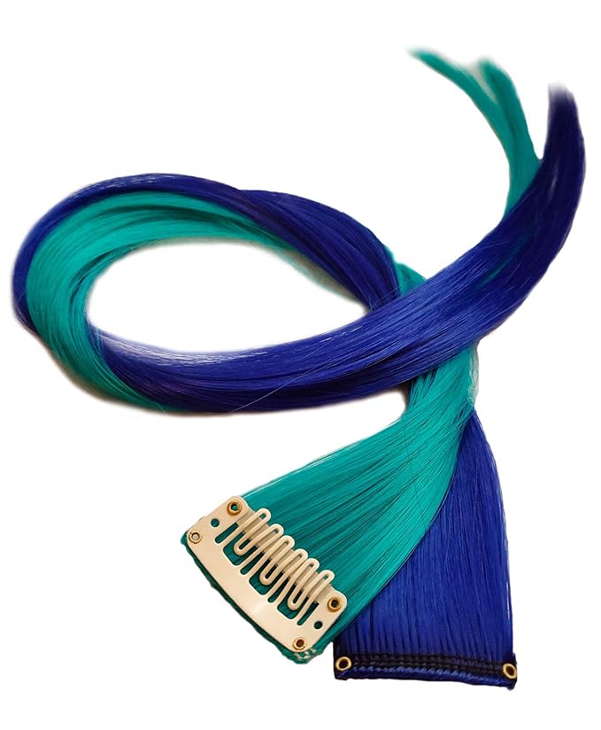 Rhyme 12 PCS Princess Party Highlight Blue Teal Hairpieces 21 inch Colored Hair Extension Clip in/on for Amercian Girls Wig Pieces for Kids (Blue Teal)