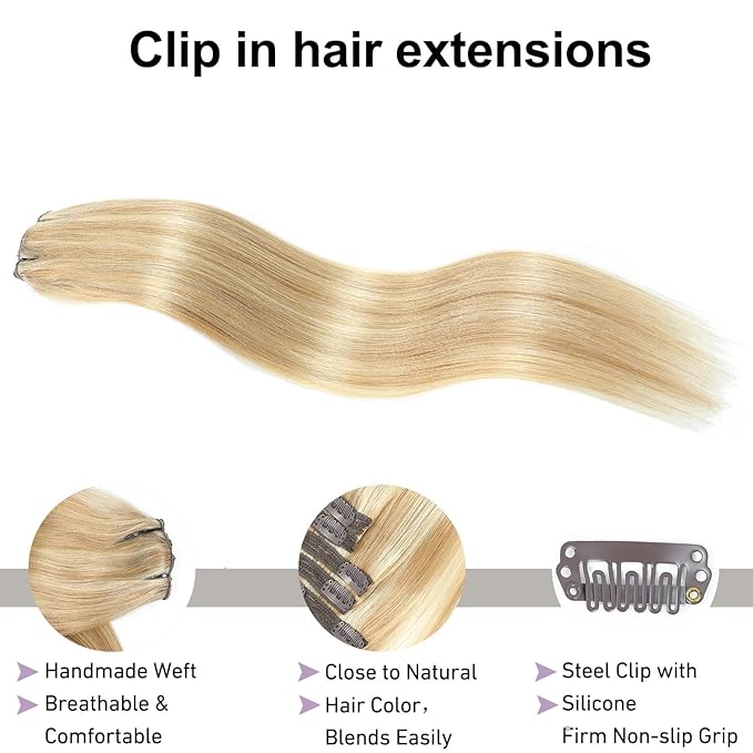Clip in Hair Extensions Real Human Hair Dirty Blonde to Bleach Blonde 22 inch 7pcs 100g/Pack, Human Hair Clip in Extensions, Salon-Grade Quality, Easy Comfort Wear for Women (#P18/613, 22 inch)