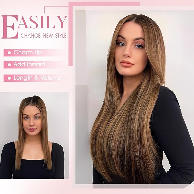 Clip in Hair Extensions Long Straight Hairpieces 22 Inch Balayage Dark Brown to Chestnut 4PCS Ultra-thin and breathable Hairpieces Fiber Double Weft Hair for women