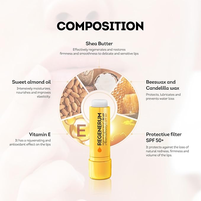 Regenerum - SPF 50+ Regenerating Lip Serum - Sunscreen and Conditioner, Hydrating and Nourishing Vitamin E Prevents Dryness and Pigment Loss - 5g