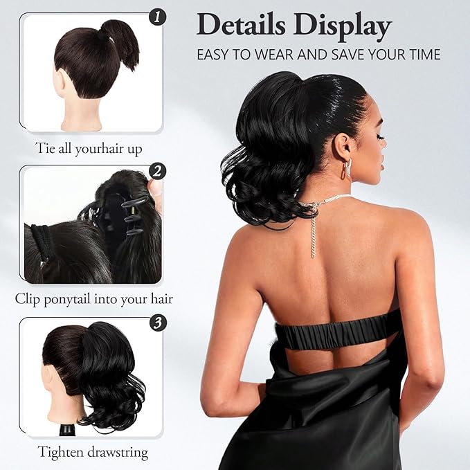 Ponytail Extension for Women,12 Inch Clip in Claw Curly Wavy Pony Tails Hair Extensions for Womens Synthetic Hair Extensions Ponytail Daily Use (Black)