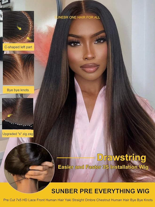 Sunber Yaki Straight Ombre Chestnut Human Hair Wigs with Drawstring Upgrade 3D Cap Put and Go Bye Bye Knots Pre Cut 7x5 HD Lace Front Glueless Yaki Wigs Pre Plucked Invisible Knots 3S Wear 16Inch