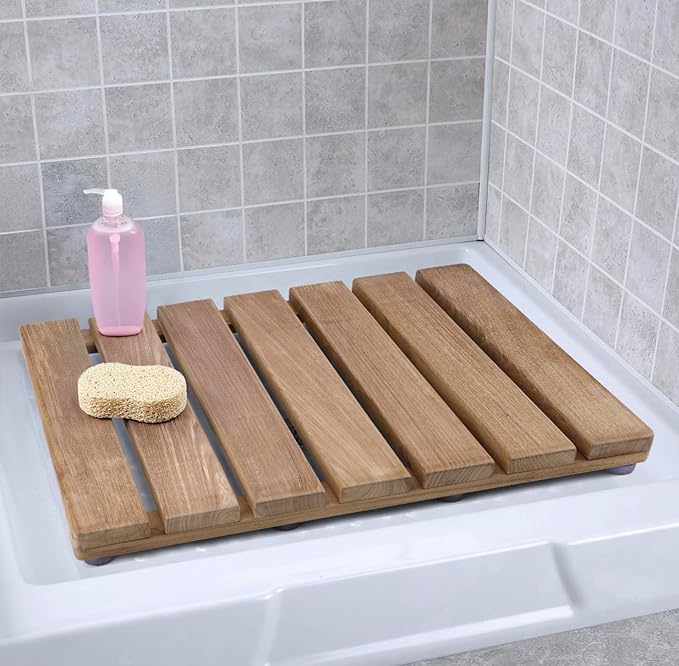 Natural Teak Wood Shower Bath Mat,23.43 * 16.73 Inches,Non-Slip Rubber Feet, Premium Wooden Floor Mats for Spa, Sauna, Pool and Hot Tub, Flooring Decor and Protector, Indoor and Outdoor Use