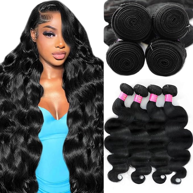 12A Body Wave Human Hair Bundles 24 26 28 30 Inch Weave 100% Unprocessed Brazilian Virgin Quick 4 Bundles Human Hair Bundles Natural Black