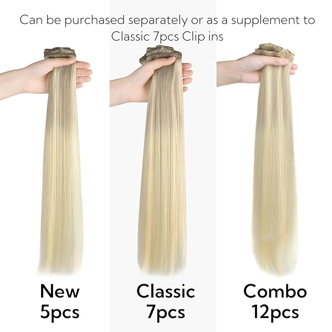 HOTBANANA Clip in Hair Extensions Real Human Hair, 5Pcs 70g 18 Inch Ash Blonde to Golden and Platinum Blonde Straight Remy Clip in Extensions