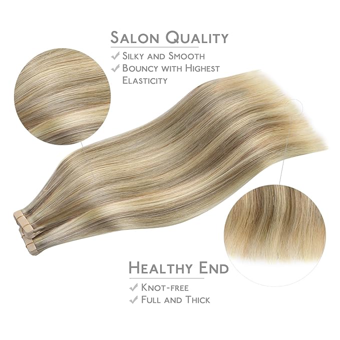 WENNALIFE Tape in Hair Extensions Human Hair, 40pcs 120g 26 inch Ash Brown with Platinum Blonde Highlights Remy Hair Straight Tape in Extensions Invisible Reusable Real Hair