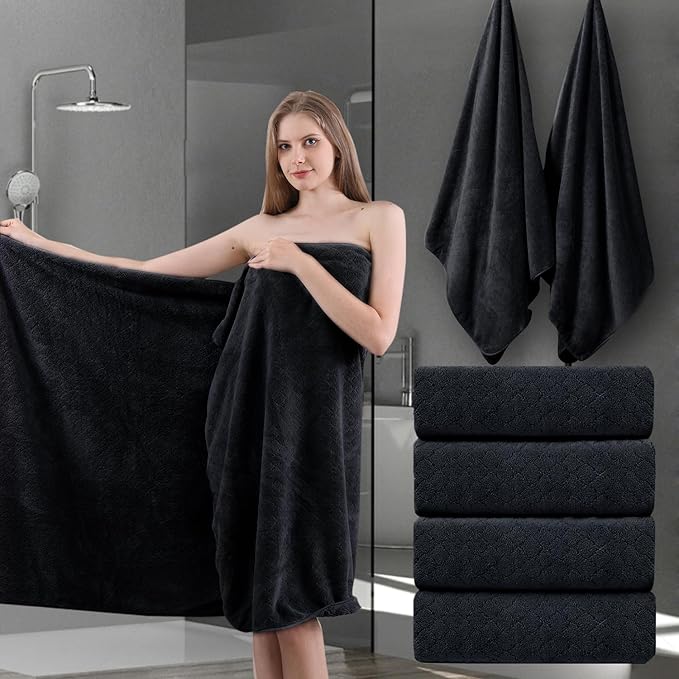 Ycosy Black Bath Towels Set 35x70 Inches - Luxury 600 GSM Oversized Bath Sheet Towel,Extra Large Microfiber - Quick Dry,Highly Absorbent,Super Soft Shower Towels Spa Hotel Bathroom Towel Set (4-Pack)