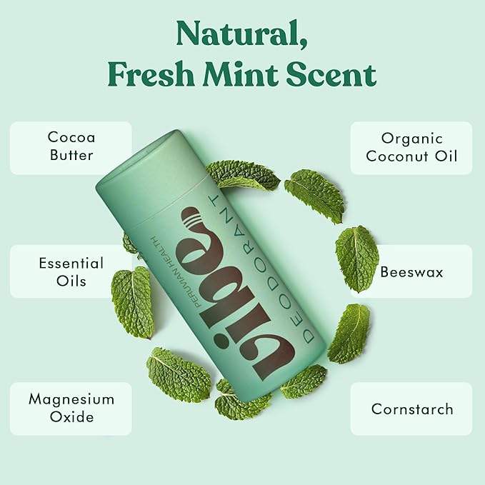 Vibe Aluminum Free Natural Deodorant for Women and Men - Long Lasting Odor Control with Organic Coconut Oil and Beeswax for Sensitive Skin, No Baking Soda or Parabens, Plastic Free (Mint)