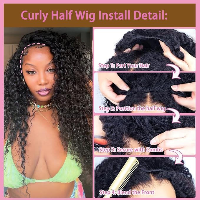 Half Wig Human Hair Deep Wave Glueless Curly Half Wig Invisible Hairline 200 Density Seamless Flip Over Design for Beginners with Wear Go Headband Wigs for Women 22 Inch