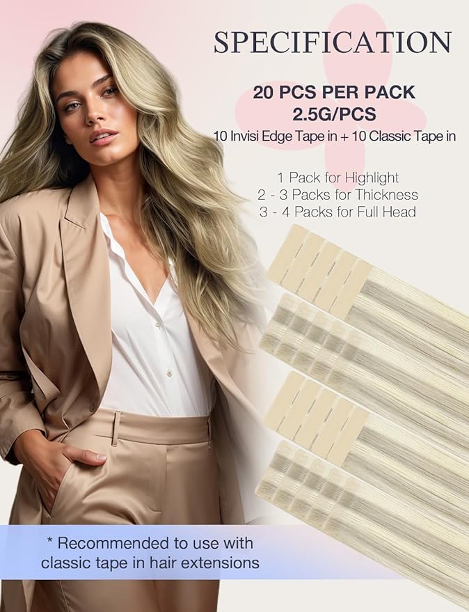 DOORES Invisi Edge Human Hair Extensions Tape in, Ash Blonde Highlighted Platinum Blonde 10 Injection Tape-ins with 10 Classic Tape-ins 50g 24 Inch, Injection Tape in Virgin Human Hair