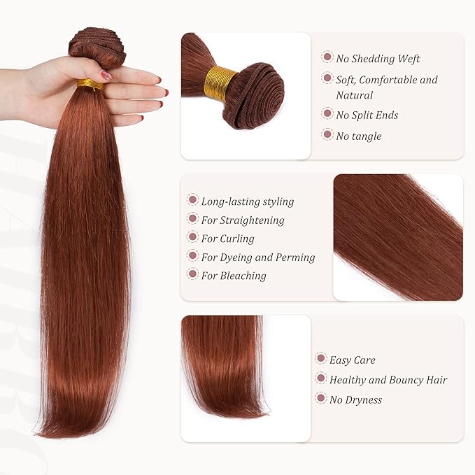 Hairro Sew in Hair Extensions Real Human Hair, 100g/bundle Weave Weft for Women Adding Volume and Length, for DIY Beauty Dating Party, 20 Inch One Bundle Straight Dark Auburn