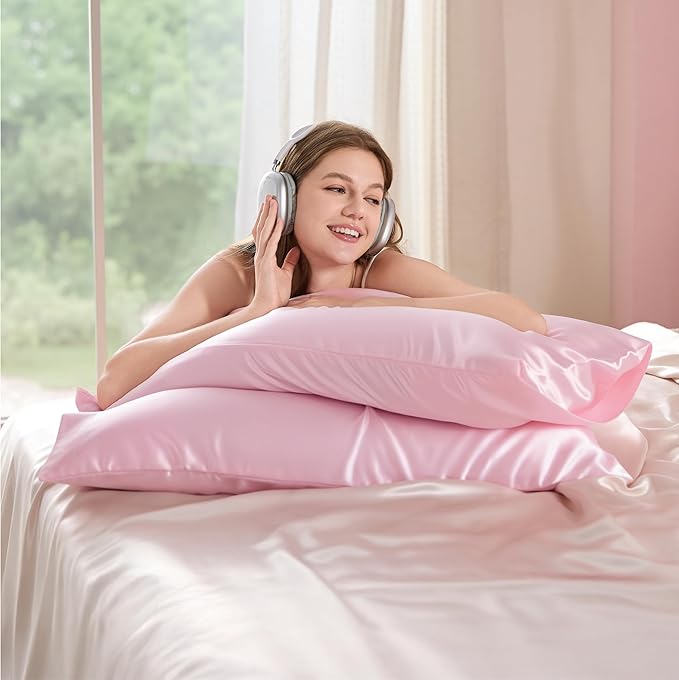 Bedsure Satin Pillowcase 2 Pack Similar to Silk Pillow Cases Standard Size, Pink Pillow Case Covers with Envelope Closure, Christmas Decor Gifts for Women Men,20x26 Inches, 2pcs