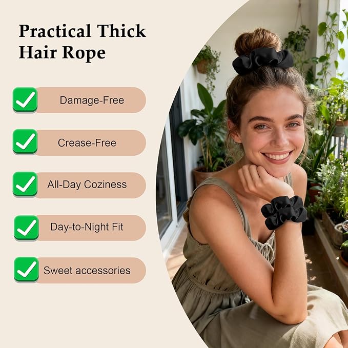 Satin Scrunchies for Women – 8PCS Black Silk Hair Ties – No Crease, Frizz-Free, Gentle Elastic Hair Bands for Thick & Thin Hair, Soft & Stylish Hair Accessories Gifts
