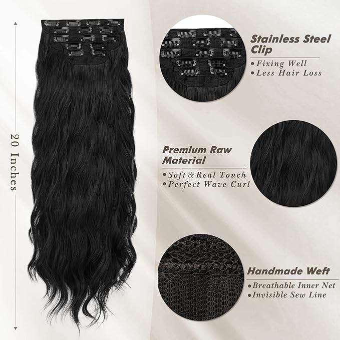 BARSDAR Black Wavy Clip in Hair Extensions - 20 Inch Long Wavy Clip in Hair Extensions for Women, 5 PCS Soft Synthetic Natural Looking Black Curly Hairpieces Voluminous Easy Wear Daily Party