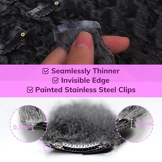 IDN BEAUTY Seamless Clip In Hair Extensions Human Hair, Kinky Straight 14 Inch Natural Black Seamless Clip Ins For Black Women PU Weft Invisible Edge Soft Thick Ends 130g 9pcs