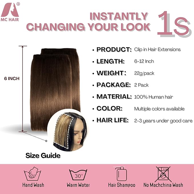 2 Pcs Short Hair Extensions, Real Hair Clip in Extensions Hair Human for Women 6 inch Chocolate Brown