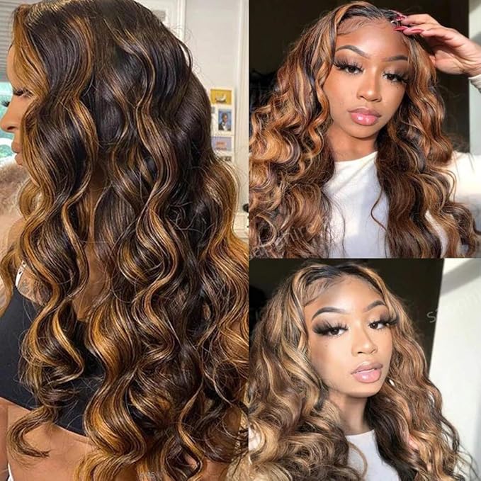 UNice Brown Highlight Body Wave Human Hair Weave 3 Bundles 26 28 30 inch, Brazilian Remy Hair Ombre Blonde Human Hair Wavy Weaves Sew in Piano Color TFB30