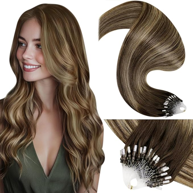 LaaVoo Micro Ring Hair Extensions Human Hair Balayage Medium Brown to Caramel Brown Microlink Hair Extensions Human Hair for Women 20 Inch 50g 50s
