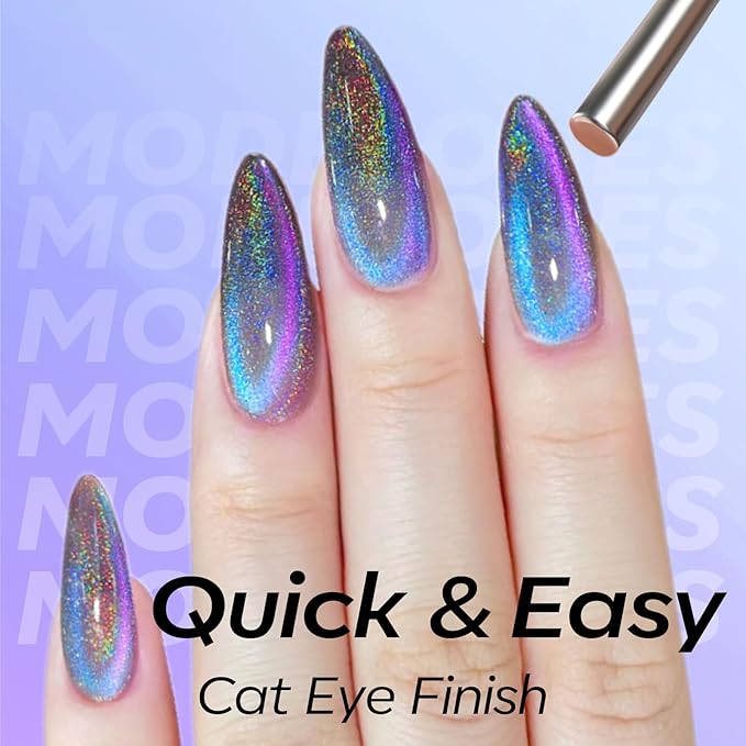 modelones 9D Magnetic Cat Eye Gel Nail Polish, Holographic Blue Purple Rainbow Shimmer, 15ML UV LED Soak Off Gel, Christmas Nail Art, Manicure Design - Reflective Top Coat for Women & Girls
