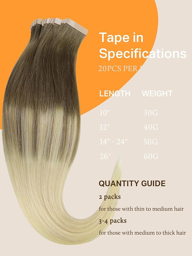 DOORES Human Hair Extensions Tape in Ombre Ash Brown to Platinum Blonde 20 Inch 50g 20pcs Tape in Hair Extensions Remy Skin Weft Real