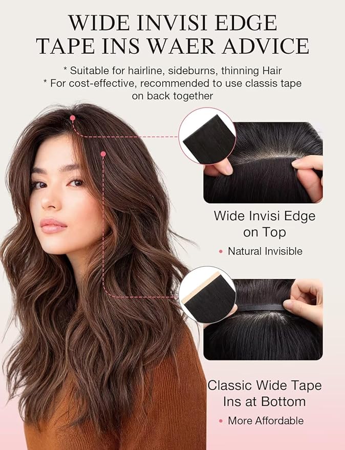 DOORES Invisi Edge Tape in Wide Hair Extensions Real Human Hair, Dark Brown 4PCS Injection Tape ins 20g 20 Inch, Injected 3 Inch Wide Extensions Virgin Thick Ends for Women Girl