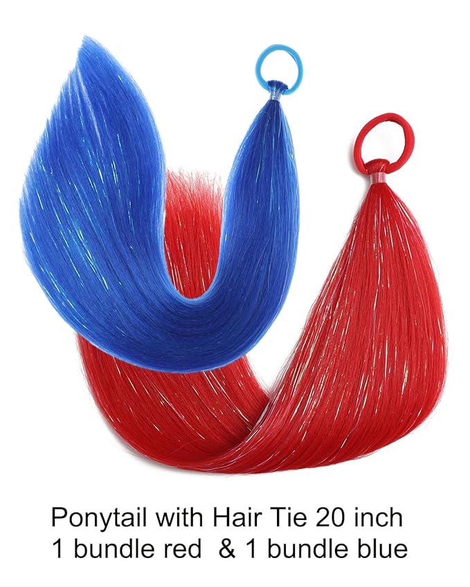 Colored Hair Extensions Red and Blue Ponytail Extension 2 Packs, 20 inch Crazy Hair Day Accessories for Women, DIY Festival Wacky Rave Braids,Tinsel Mixed