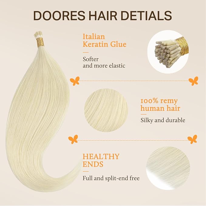DOORES I Tip Hair Extensions, Platinum Blonde 50g/50s 22 Inch, Real Human Hair Remy Hair Extensions, Cold Fusion Straight ITip Extensions
