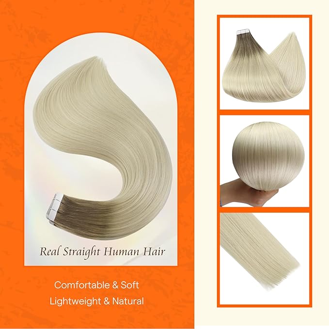 Full Shine Human Hair Extensions Tape in 20 Inch Color 8 Ash Brown Fading to 60 Platinum Blonde Invisible Double Sided Tape in Hair Extensions 50g Natural Straight Seamless Skin Weft 20 PCS for Party
