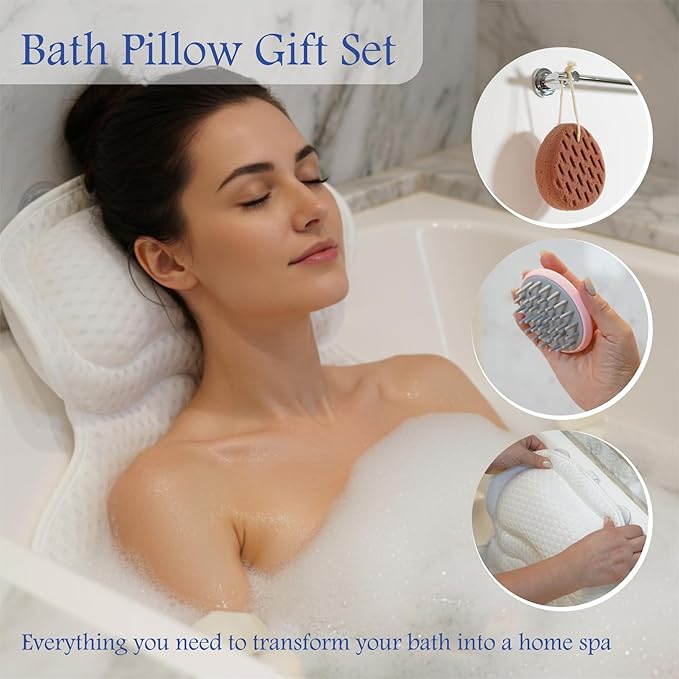 Bath Pillows for Tub, Bathtub Pillow Gift Set: 4D Air Mesh Cushion for Head & Neck, Spa Relaxing Accessories, Plus Bath Sponge & Scalp Massage Brush, Gift Bag
