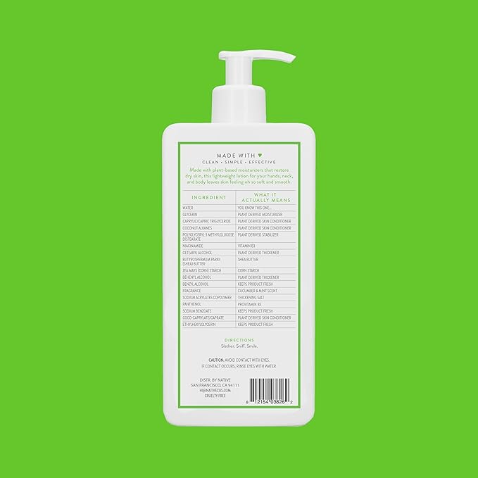 Native Body Lotion Contains Naturally Derived Plant-Based Moisturizers for Women and Men | Restores Dry Skin, Cucumber & Mint, 16.5 fl oz
