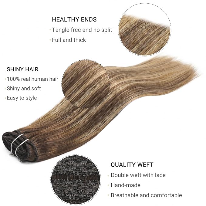 Clip in Hair Extensions Balayage Chocolate Brown to Caramel Blonde Real Human Hair Extensions 20 Inch 7pcs 120g Remy Hair Extensions for Women Clip Extensions Full Head Straight Hair